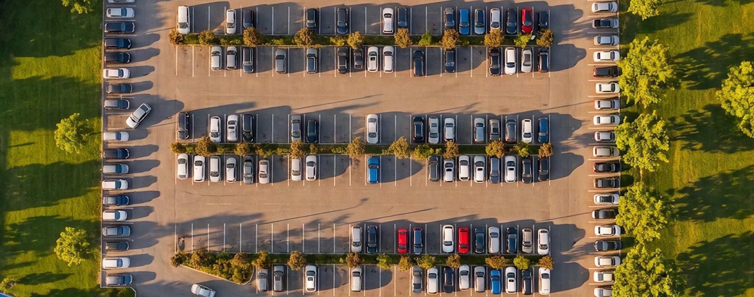 Aerial view of a car dealership lot filled with vehicles