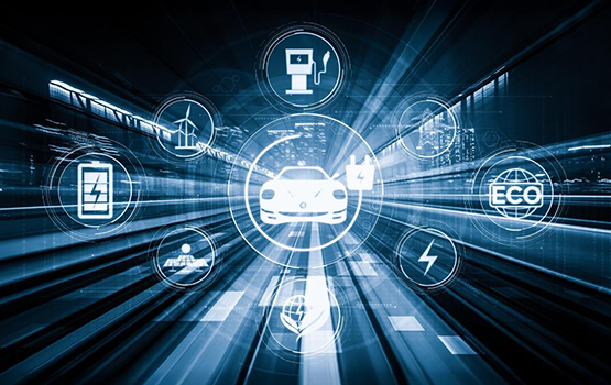 Futuristic digital illustration showcasing Automotive Technology Trends with a central electric car icon surrounded by symbols for eco-friendliness, renewable energy, charging stations, battery technology, and smart connectivity, set against a motion-blurred highway background.