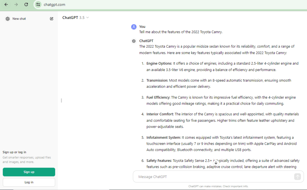 Screenshot displaying ChatGPT's response listing the features of the 2022 Toyota Camry.