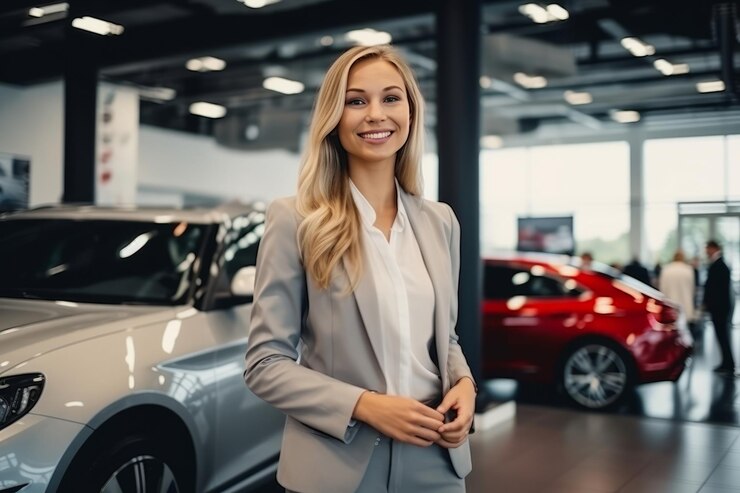 A confident woman salesperson stands on the showroom floor of a car dealership, ready to assist customers. They are part of a team that partners with dealerships for optimal automotive inventory management.