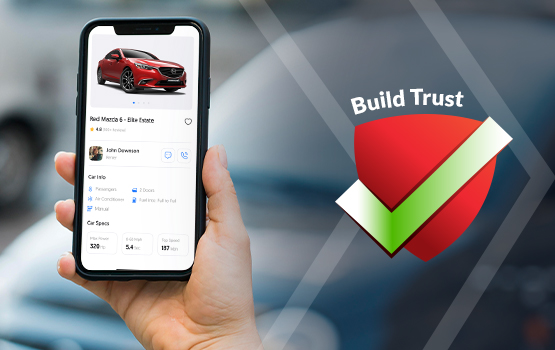 Image depicting virtual car sales at dealership with 'build trust' symbol.