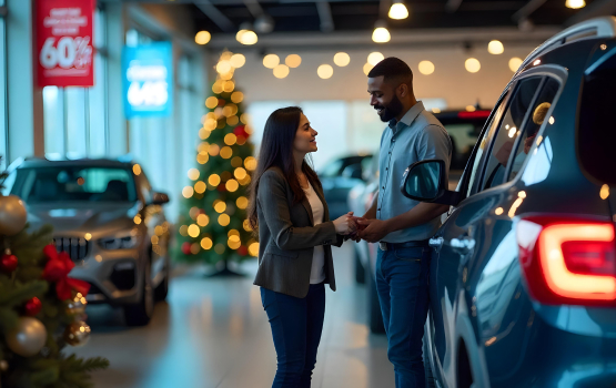 Car dealership with a salesperson and customer shaking hands in a festive showroom decorated for the holidays.