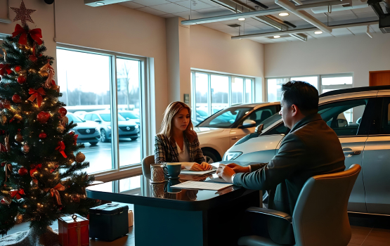 A car dealership office decorated for Christmas, featuring a salesperson and customer discussing paperwork by a table.