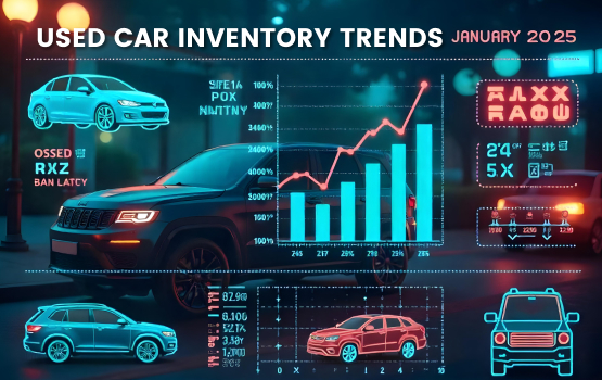 An Image showing upward trends in used car inventory with graphs, car illustrations, and futuristic design for January 2025.