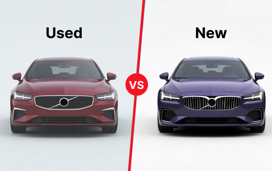 Side-by-side comparison of a used red Volvo and a new purple Volvo, highlighting the difference between used and new cars.