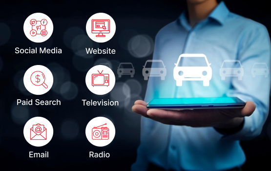 A businessman holds a tablet projecting a glowing car icon, surrounded by digital marketing channels like social media and email.