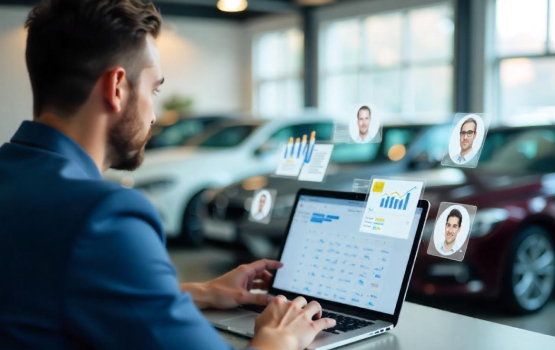 A car dealership professional uses a laptop with a customer data platform to analyze customer profiles and sales data insights.