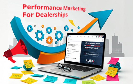 Illustration of performance marketing for dealerships featuring a laptop, gears, an upward arrow, and sticky notes, symbolizing digital strategies and growth.