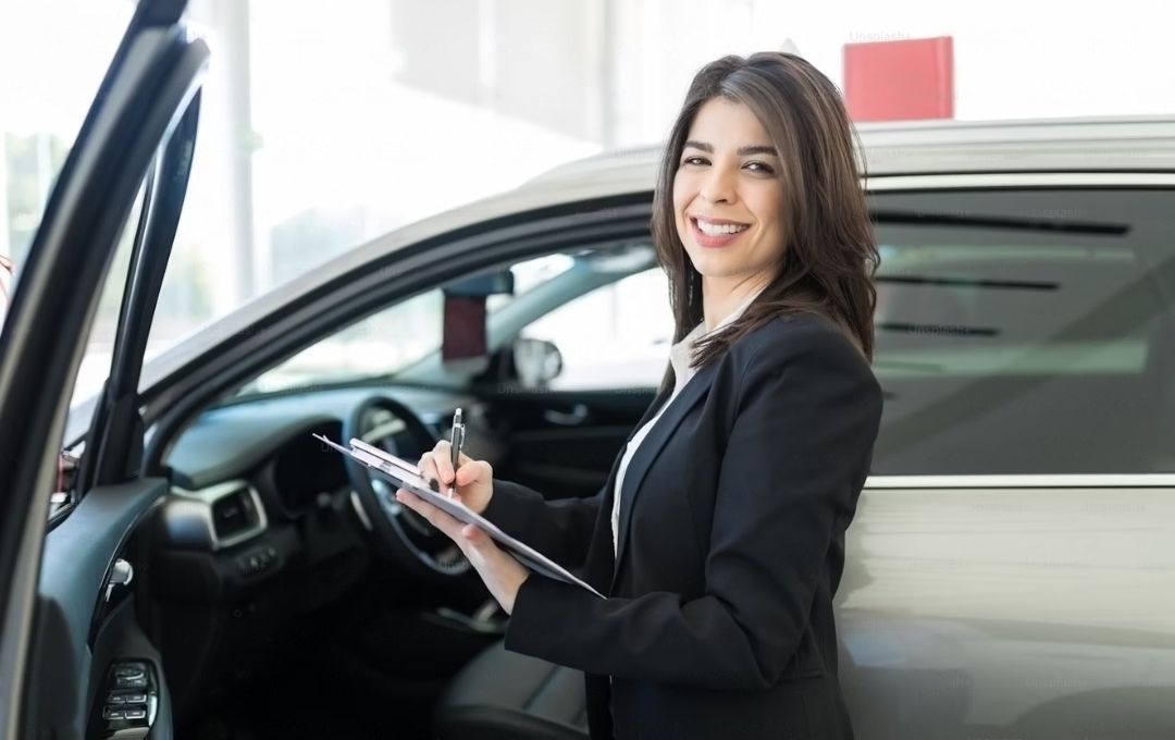 A smiling salesperson in a black suit stands beside a car in a showroom, taking notes on vehicle inventory. This image reflects the importance of optimizing car inventory management to drive profit.