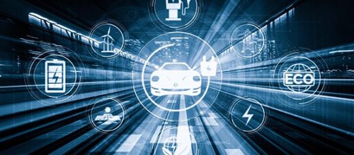 Futuristic digital illustration showcasing Automotive Technology Trends with a central electric car icon surrounded by symbols for eco-friendliness, renewable energy, charging stations, battery technology, and smart connectivity, set against a motion-blurred highway background.