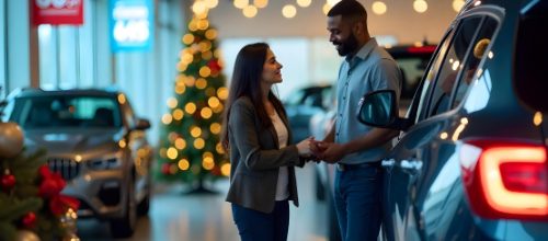 Car dealership with a salesperson and customer shaking hands in a festive showroom decorated for the holidays.