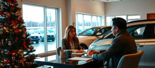 A car dealership office decorated for Christmas, featuring a salesperson and customer discussing paperwork by a table.