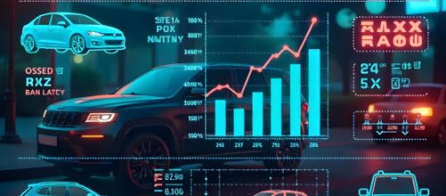 An Image showing upward trends in used car inventory with graphs, car illustrations, and futuristic design for January 2025.
