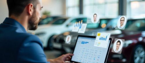 A car dealership professional uses a laptop with a customer data platform to analyze customer profiles and sales data insights.